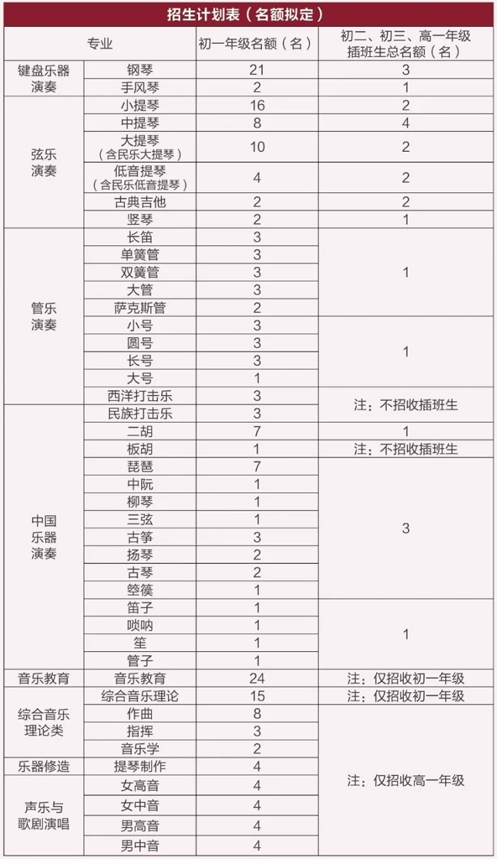 中央音乐学院附中招生计划