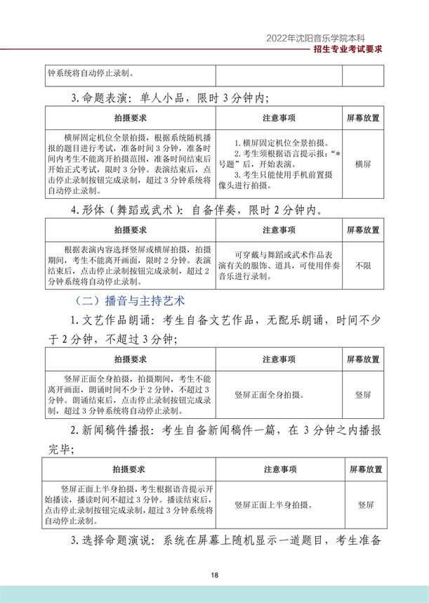 2022年沈阳音乐学院音乐舞蹈类本科招生专业考试要求、拍摄要求、注意事项、屏幕放置