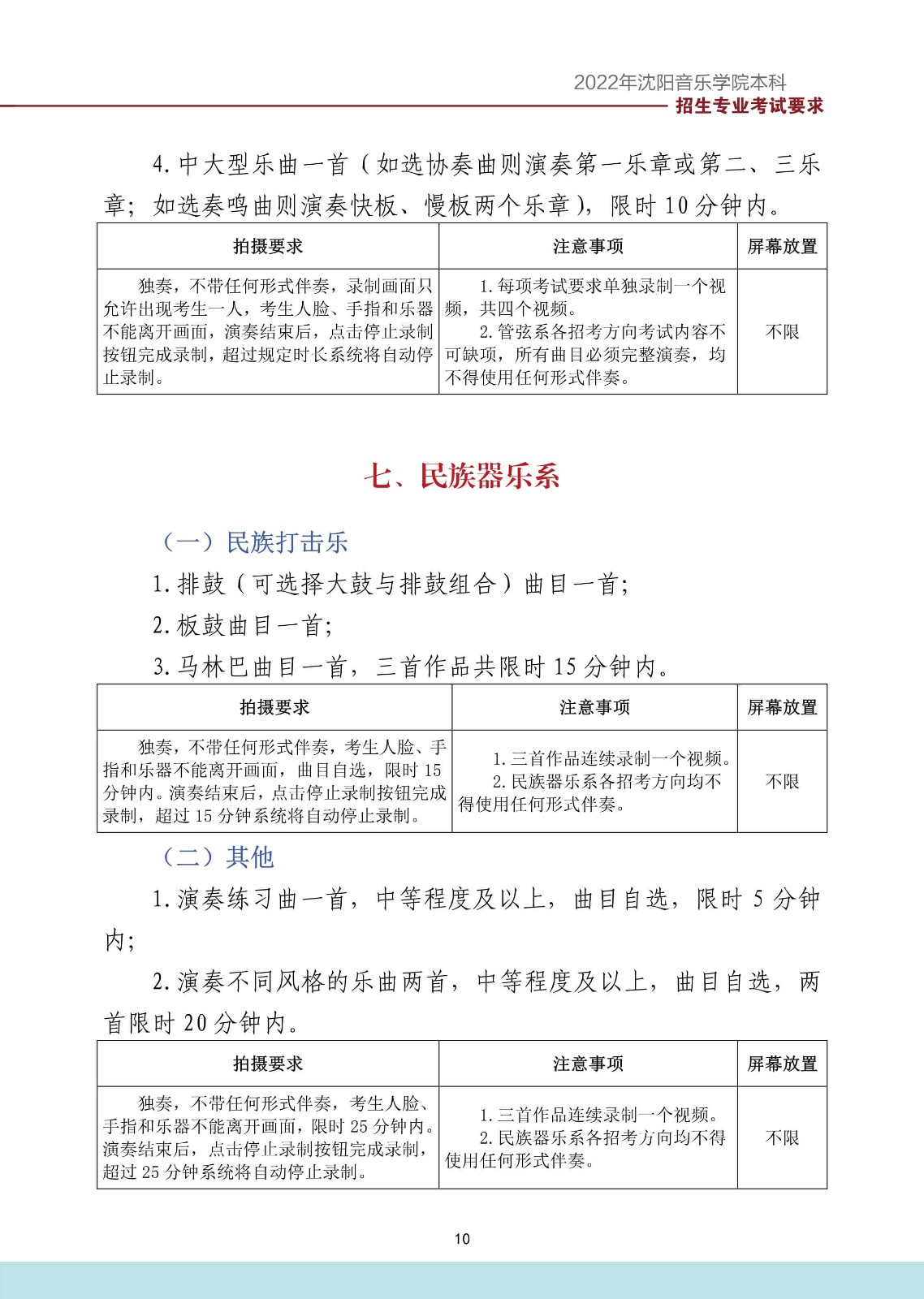 2022年沈阳音乐学院音乐舞蹈类本科招生专业考试要求、拍摄要求、注意事项、屏幕放置